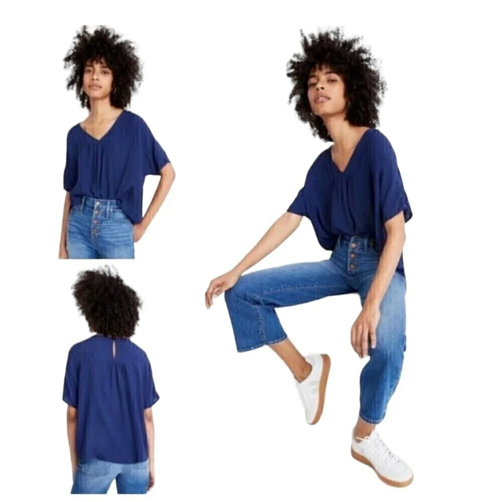 Madewell Rhyme Navy Vneck Top Blouse Size Small NWT